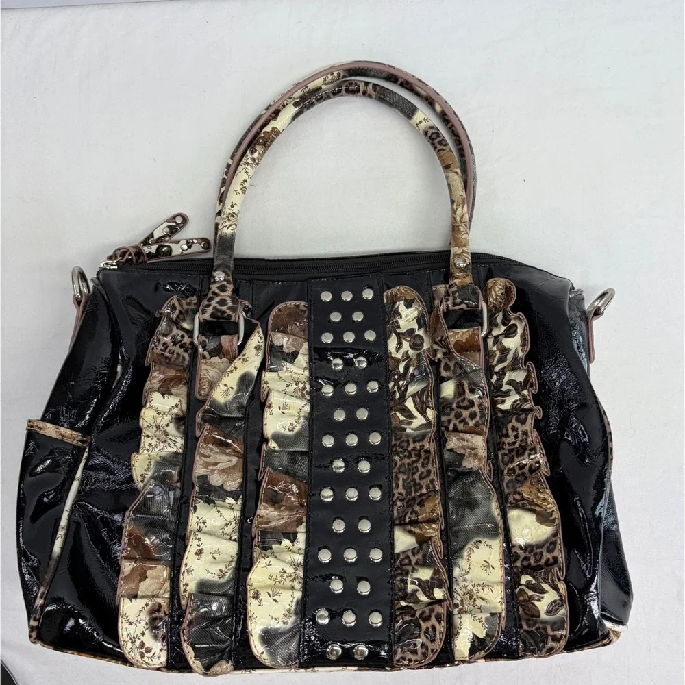 Y2K Satchel Bag Womens Large Leopard Floral Patent Ruffles Studded McBling Bratz
